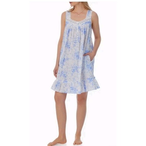 NWT Eileen West Nightgown Ballet Lace Trim Sleeveless Cotton Woven Blue Floral S - Picture 1 of 10